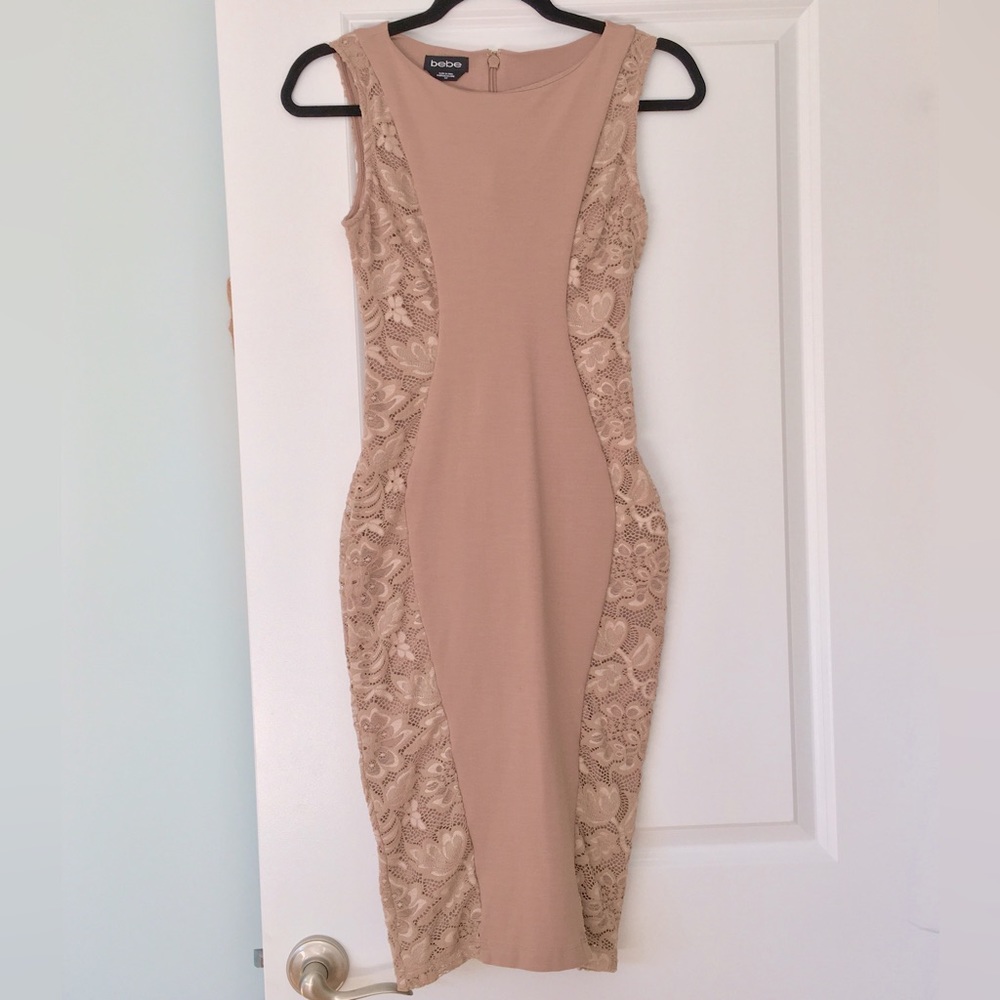 Bebe Bodycon Cocktail Dress w/ Lace, Size S, Taupe/Beige - Picture 1 of 12